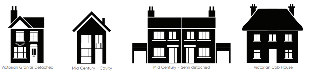 Simple black and white illustrations of four houses. Houses featured are Victorian Granite Detached, Mid Century - Cavity, Mid Century - Semi detached, and Victorian Cob House.