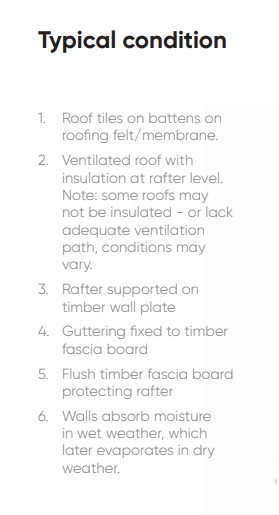 A list of features of the roof eaves of a Victorian Granite Detached house in typical condition. 1. Roof tiles on battens on roofing felt/membrane. 2. Ventilated roof with insulation at rafter level. Note: some roofs may not be insulated - or lack adequate ventilation path, conditions may vary. 3. Rafter supported on timber wall plate 4. Guttering fixed to timber fascia board 5. Flush timber fascia board protecting rafter 6. Walls absorb moisture in wet weather, which later evaporates in dry weather.