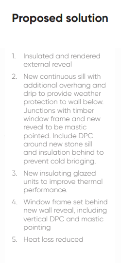 Proposed solutions for the features of the windows of a Victorian Granite Detached house in typical condition. 1. Insulated and rendered external reveal 2. New continuous sill with additional overhang and drip to provide weather protection to wall below. Junctions with timber window frame and new reveal to be mastic pointed. Include DPC around new stone sill and insulation behind to prevent cold bridging. 3. New insulating glazed units to improve thermal performance. 4. Window frame set behind new wall reveal, including vertical DPC and mastic pointing Heat loss reduced