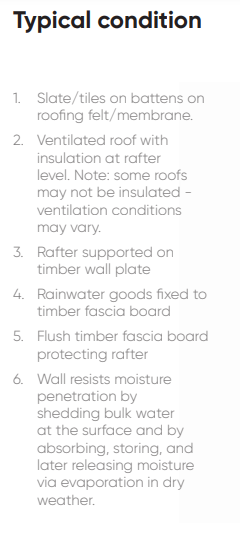 1. Slate/tiles on battens on roofing felt/membrane. 2. Ventilated roof with insulation at rafter level. Note: some roofs may not be insulated - ventilation conditions may vary. 3. Rafter supported on timber wall plate 4. Rainwater goods fixed to timber fascia board 5. Flush timber fascia board protecting rafter 6. Wall resists moisture penetration by shedding bulk water at the surface and by absorbing, storing, and later releasing moisture via evaporation in dry weather.