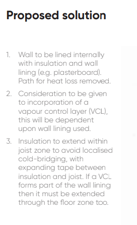 1. Wall to be lined internally with insulation and wall lining (e.g. plasterboard). Path for heat loss removed. 2. Consideration to be given to incorporation of a vapour control layer (VCL), this will be dependent upon wall lining used. 3. Insulation to extend within joist zone to avoid localised cold-bridging, with expanding tape between insulation and joist. If a VCL forms part of the wall lining then it must be extended through the floor zone too.