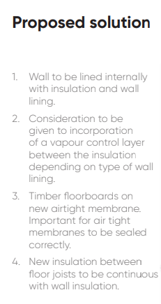 1. Wall to be lined internally with insulation and wall lining. 2. Consideration to be given to incorporation of a vapour control layer between the insulation depending on type of wall lining. 3. Timber floorboards on new airtight membrane. Important for air tight membranes to be sealed correctly. 4. New insulation between floor joists to be continuous with wall insulation.