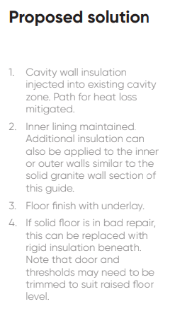 1. Cavity wall insulation injected into existing cavity zone. Path for heat loss mitigated. 2. Inner lining maintained. Additional insulation can also be applied to the inner or outer walls similar to the solid granite wall section of this guide. 3. Floor finish with underlay. 4. If solid floor is in bad repair, this can be replaced with rigid insulation beneath. Note that door and thresholds may need to be trimmed to suit raised floor level.