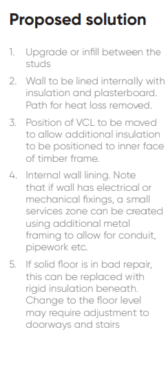 1. Upgrade or infill between the studs 2. Wall to be lined internally with insulation and plasterboard. Path for heat loss removed. 3. Position of VCL to be moved to allow additional insulation to be positioned to inner face of timber frame. 4. Internal wall lining. Note that if wall has electrical or mechanical fixings, a small services zone can be created using additional metal framing to allow for conduit, pipework etc. 5. If solid floor is in bad repair, this can be replaced with rigid insulation beneath. Change to the floor level may require adjustment to doorways and stairs