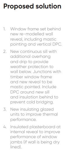 1. Window frame set behind new re-modelled wall reveal, including mastic pointing and vertical DPC. 2. New continuous sill with additional overhang and drip to provide weather protection to wall below. Junctions with timber window frame and new reveal to be mastic pointed. Include DPC around new sill and insulation behind to prevent cold bridging. 3. New insulating glazed units to improve thermal performance. 4. Insulated plasterboard at internal reveal to improve performance of window jambs (if wall is being dry lined).