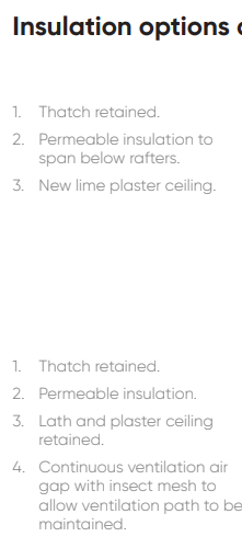 1. Thatch retained. 2. Permeable insulation to span below rafters. 3. New lime plaster ceiling. 1. Thatch retained. 2. Permeable insulation. 3. Lath and plaster ceiling retained. 4. Continuous ventilation air gap with insect mesh to allow ventilation path to be maintained.